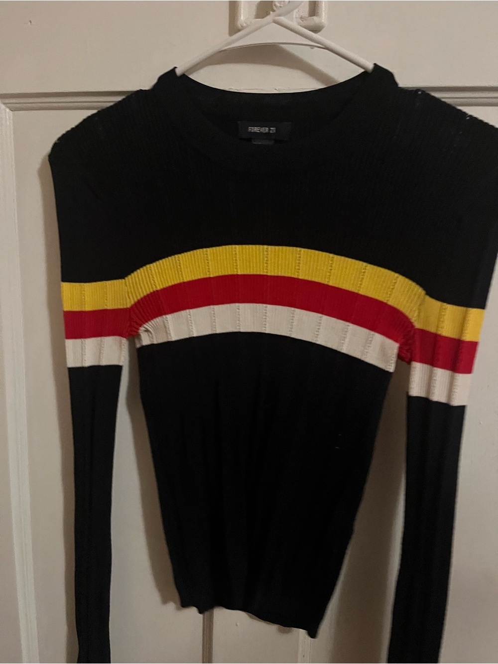 Forever 21 Black Ribbed Crewneck Sweater with Yellow, Red and White Stripes